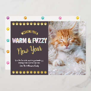 Warm and Fuzzy New Year Pet Photo Plum Real Gold Foil Holiday Card