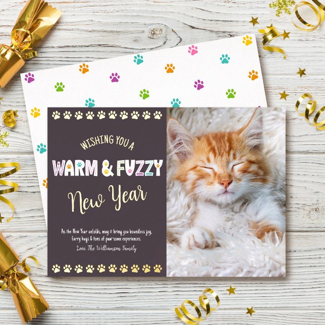 Warm and Fuzzy New Year Pet Photo Plum Real Gold Foil Holiday Card (Creator Uploaded)