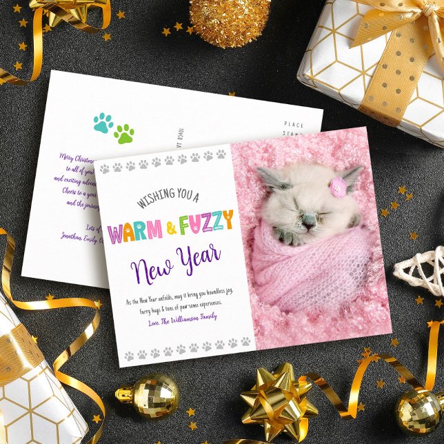 Warm and Fuzzy New Year Pet Photo Typography Cute Holiday Postcard (Creator Uploaded)