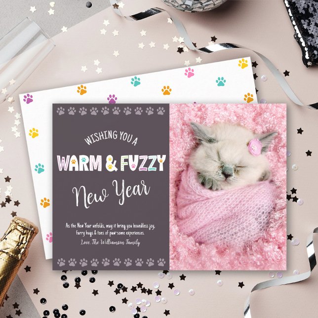 Warm and Fuzzy New Year Pet Photo Typography Plum Holiday Card (Creator Uploaded)