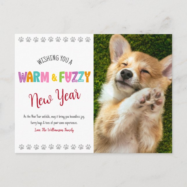 Warm and Fuzzy Pet New Year Photo Cute Typography Holiday Postcard (Front)