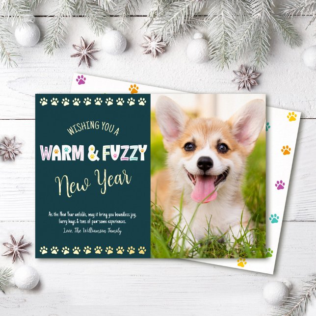 Warm and Fuzzy Pet New Year Photo Teal Real Gold Foil Holiday Card (Creator Uploaded)