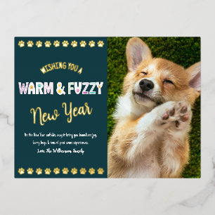 Warm and Fuzzy Pet New Year Photo Teal Real Gold Foil Holiday Postcard