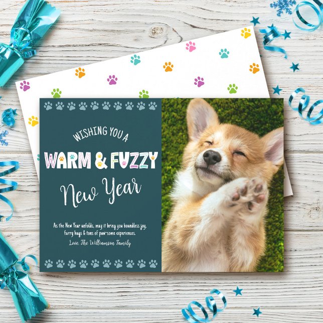 Warm and Fuzzy Pet New Year Photo Typography Teal Holiday Card (Creator Uploaded)