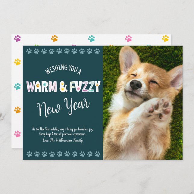 Warm and Fuzzy Pet New Year Photo Typography Teal Holiday Card (Front/Back)
