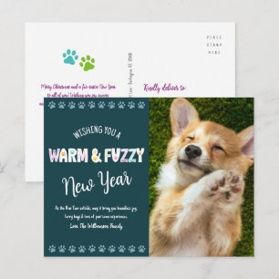 Warm and Fuzzy Pet New Year Photo Typography Teal Holiday Postcard