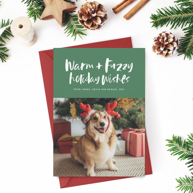 Warm and fuzzy wishes green funny pet holiday card (Creator Uploaded)