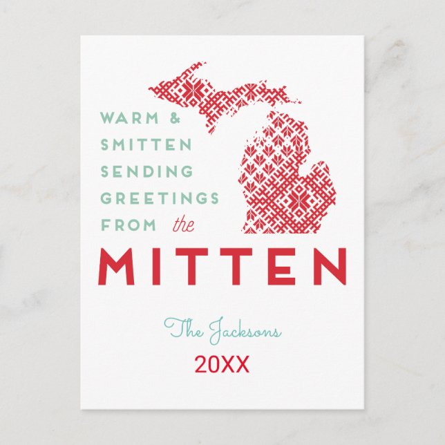 Warm and Smitten Greetings from the Mitten MI Holiday Postcard (Front)