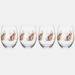Warm Autumn Floral Stemless Wine Glass