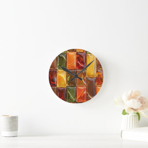 Warm Autumn Glass Tile Mosaic - Glossy Amber Round Clock