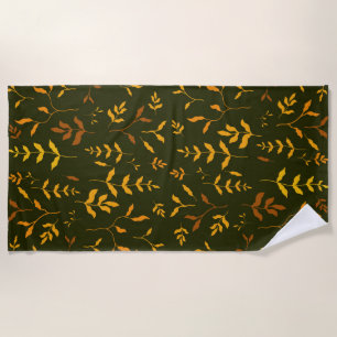 Warm Autumn Gold Leaves Dark Green Pattern Beach Towel