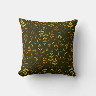 Warm Autumn Gold Leaves Dark Green Pattern Cushion