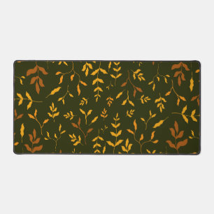 Warm Autumn Gold Leaves Dark Green Pattern Desk Mat