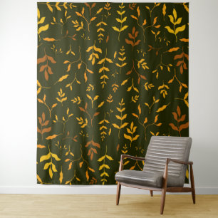 Warm Autumn Gold Leaves Dark Green Pattern Tapestry