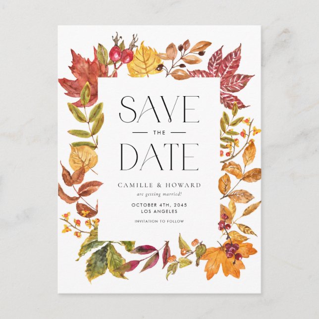 Warm Autumn Leaves Frame QR Code Save the Date Announcement Postcard (Front)