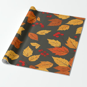 Warm Autumn Leaves Pattern on Dark Grey Background Wrapping Paper