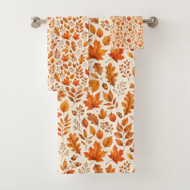 Warm Autumn Leaves Seamless Pattern Bath Towel Set (Insitu)