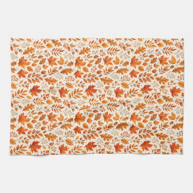 Warm Autumn Leaves Seamless Pattern Tea Towel (Horizontal)