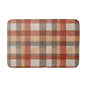 Warm Autumn Plaid Fabric Texture in Rust and Beige Bath Mat
