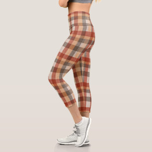 Warm Autumn Plaid Fabric Texture in Rust and Beige Capri Leggings
