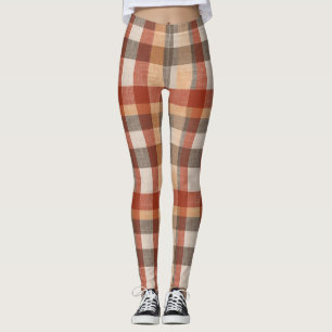 Warm Autumn Plaid Fabric Texture in Rust and Beige Leggings