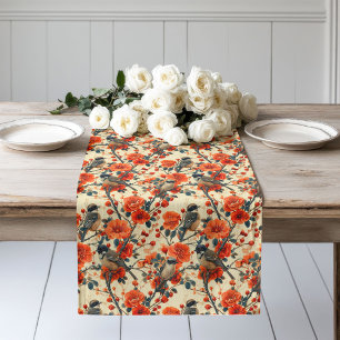 Warm Autumn Table Runner with Birds Rustic Florals
