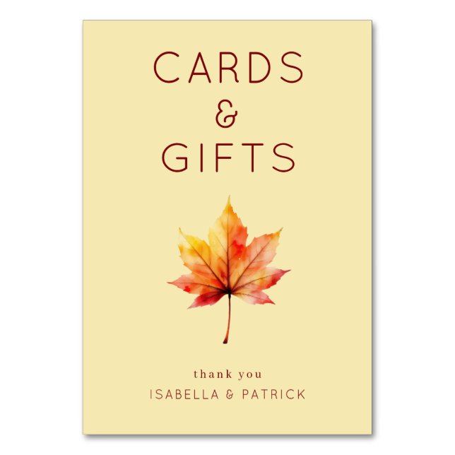 Warm Autumn Watercolor Maple Leaf Table Number (Front)