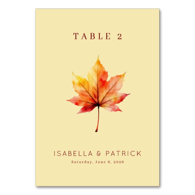 Warm Autumn Watercolor Maple Leaf Table Number (Front)