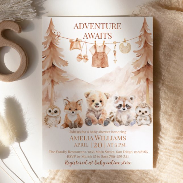 Warm Beige Adventure Awaits Woodland Baby Shower Invitation (Creator Uploaded)
