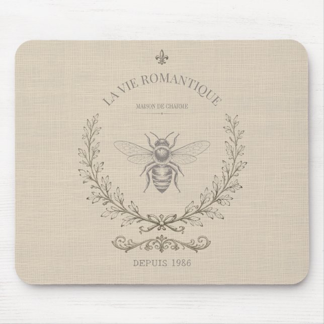 Warm Beige Bee Engraving | French Country Rustic  Mouse Mat (Front)