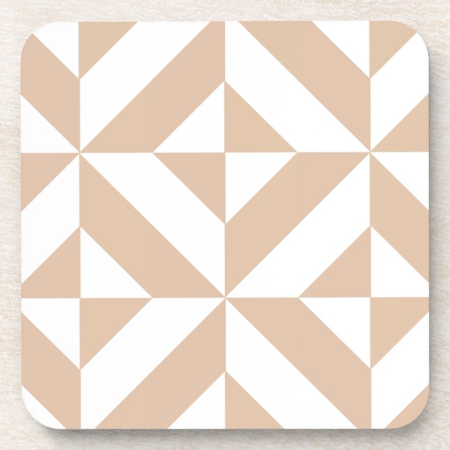 Warm Beige Geometric Deco Cube Pattern Coaster (Front)