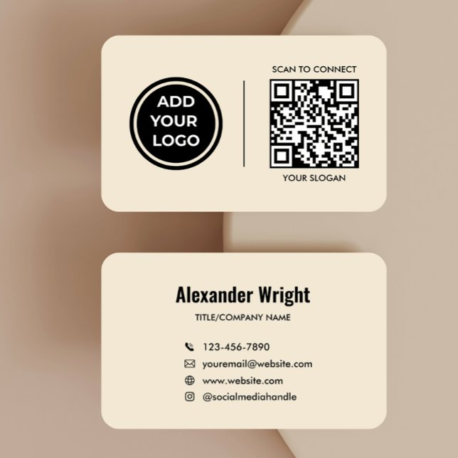 Warm Beige Logo Scan Code Contact Business Card  (Creator Uploaded)
