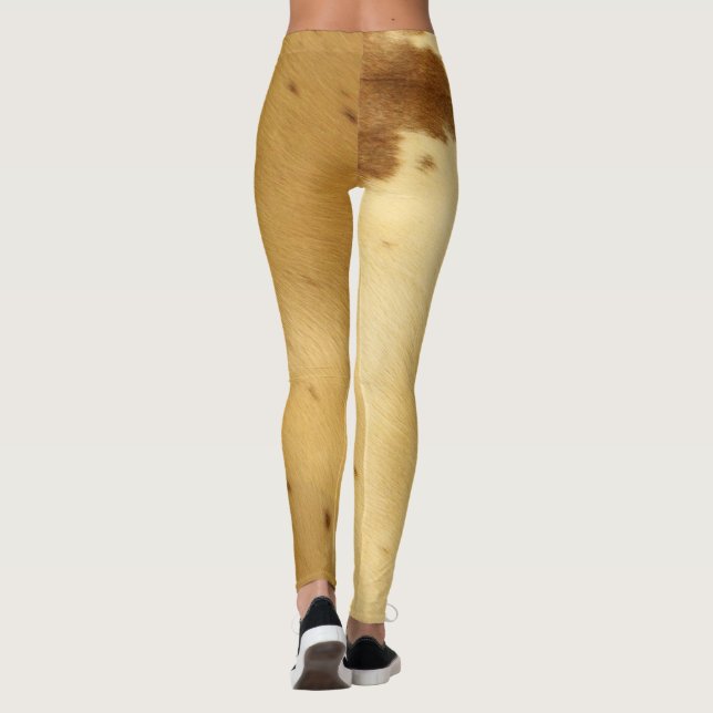 Warm Beige Longhorn Cowhide Pattern Workout Rodeo Leggings (Back)