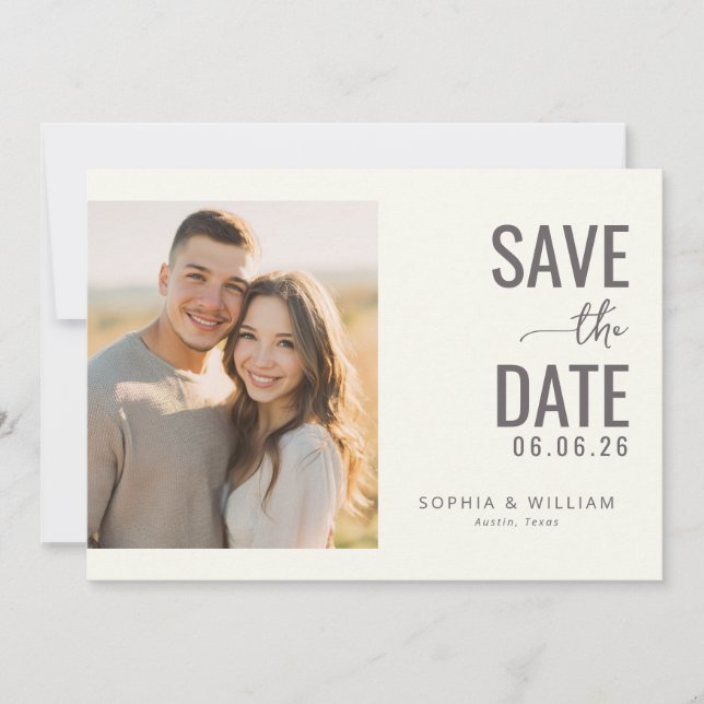 Warm Beige Minimalist Photo Save The Date (Front)