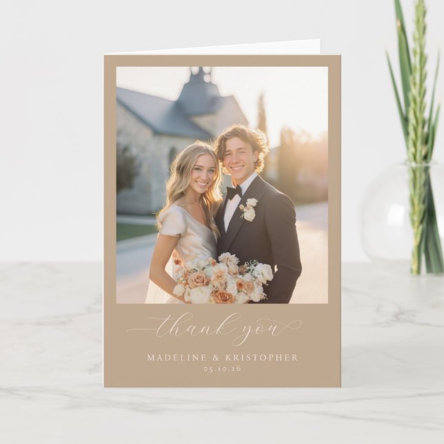 Warm Beige Minimalist Photo Thank You Card (Front)