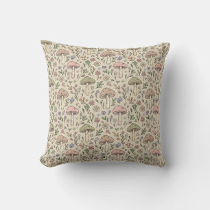 Warm Beige Neutral Fungi Seamless Pattern Boho Cushion