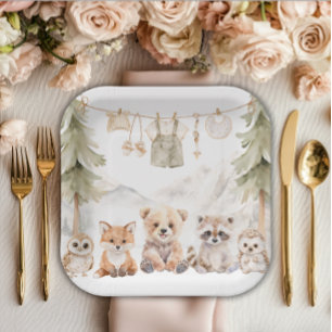 Warm Beige Woodland Adventure Awaits Baby Shower Paper Plate