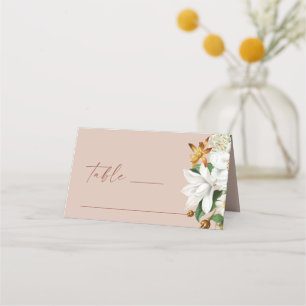 Warm Blush Beige Wedding White Botanical Floral Place Card