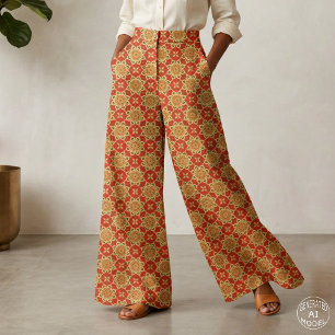 Warm Boho Red Orange Yellow Geometric Floral Fabric