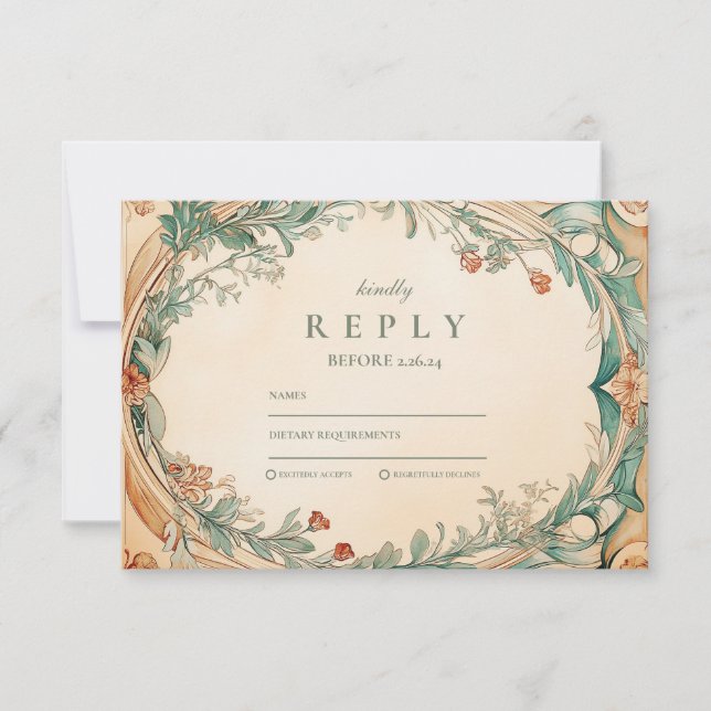 Warm Botanical Frame wedding RSVP Card (Front)