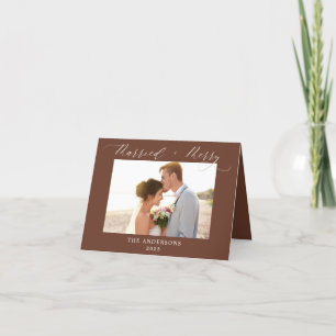 Warm Brown 2 Photo Merry and Married Christmas Thank You Card