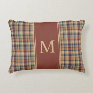 Warm Brown and Cream Plaid Monogram Decorative Cushion