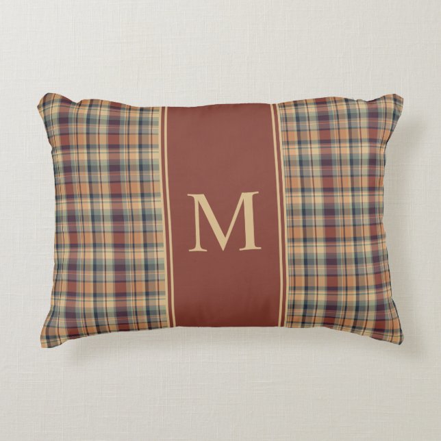 Warm Brown and Cream Plaid Monogram Decorative Cushion (Front)