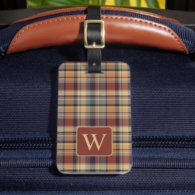 Warm Brown and Cream Plaid Monogram Luggage Tag (Front Insitu 2)