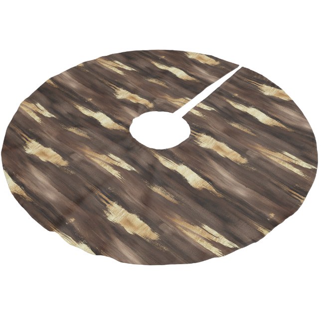 Warm Brown Gold Abstract Streaks Christmas Brushed Polyester Tree Skirt (Angled)