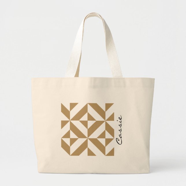 Warm Brown Personalised Geometric Deco Cube Name Large Tote Bag (Front)