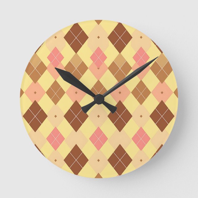 Warm Brown Pink Argyle Pattern Round Clock (Front)