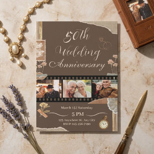 Warm Brown Scrapbook Photo 50th Wedding Anniversar Invitation