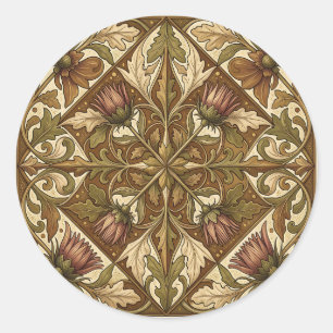 Warm Brown Thistle Floral Pattern Victorian Classic Round Sticker
