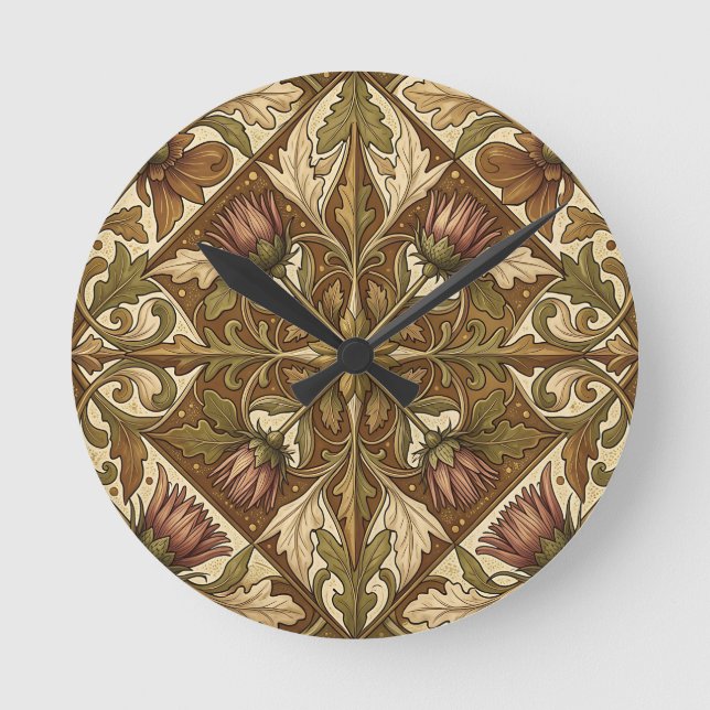 Warm Brown Thistle Floral Pattern Victorian Round Clock (Front)